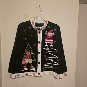 Onque Petite Holiday Black Cardigan with Santa and Reindeer Size Petite Meduim